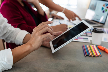 Creative people team business people and co-workers working together in office focus at project plan associates discussing work in modern office, Brainstorming Meeting Concept.