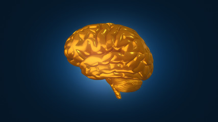 Gold metallic brain on blue background - 3D illustration - 282395078