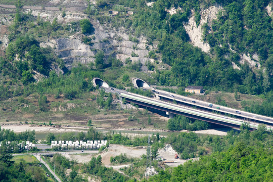 Detail of a highway tunnel seen from the top of the Monte Adone on the hiking route " Via degli Dei" between Bologna and Florence