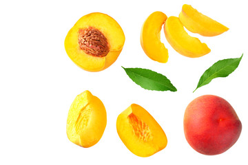 peach fruit with green leaf and slices isolated on white background. top view