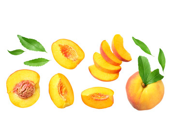 peach fruit with green leaf and slices isolated on white background. top view
