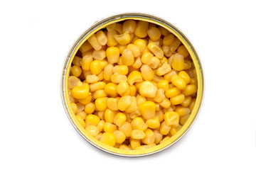 Canned Corn in aluminum Can isolated on white background. Top view