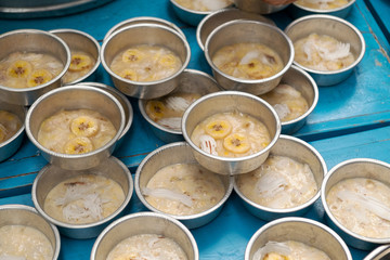 Banana Tart and Coconut Meat Topping Ater Steam, Traditional Thailand Cuisine Dessert