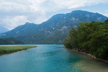 Mountain lake on the background of the Alps