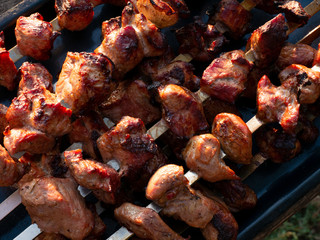 Roasted meat on skewers.