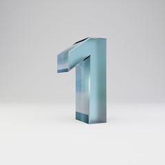 Ice 3d number 1. Transparent ice font with glossy reflections and shadow isolated on white background. © Whitebarbie