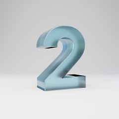 Ice 3d number 2. Transparent ice font with glossy reflections and shadow isolated on white background.