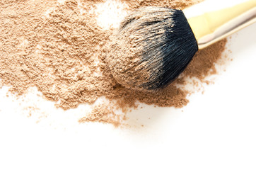Beige crashed face powder for makeup as sample of cosmetic product, isolated on white background -...