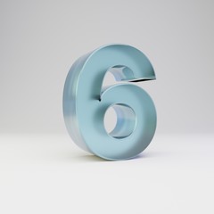 Ice 3d number 6. Transparent ice font with glossy reflections and shadow isolated on white background.