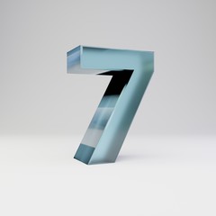 Ice 3d number 7. Transparent ice font with glossy reflections and shadow isolated on white background.