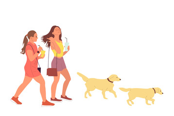 Two young girls are walking with labrador retriever dogs. Isolated on white background. Flat style cartoon stock vector