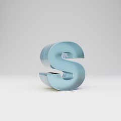 Ice 3d letter S lowercase. Transparent ice font with glossy reflections and shadow isolated on white background.