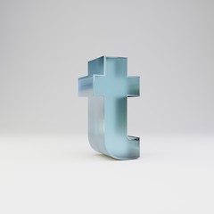 Fototapeta premium Ice 3d letter T lowercase. Transparent ice font with glossy reflections and shadow isolated on white background.