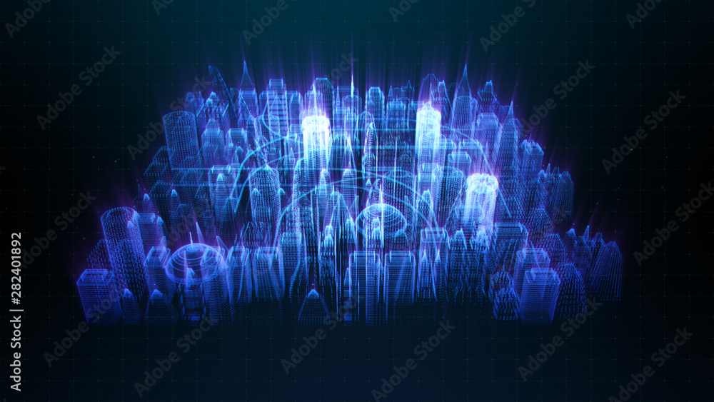 Poster Futuristic holographic city digitally generated image virtual reality matrix particles in cyber space background environment