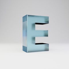 Ice 3d letter E uppercase. Transparent ice font with glossy reflections and shadow isolated on white background.