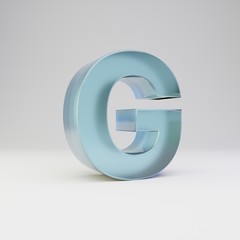 Fototapeta premium Ice 3d letter G uppercase. Transparent ice font with glossy reflections and shadow isolated on white background.