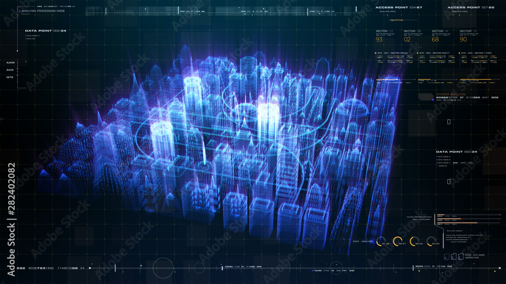 Aufkleber Futuristic holographic city digitally generated image virtual reality matrix particles in cyber space background environment