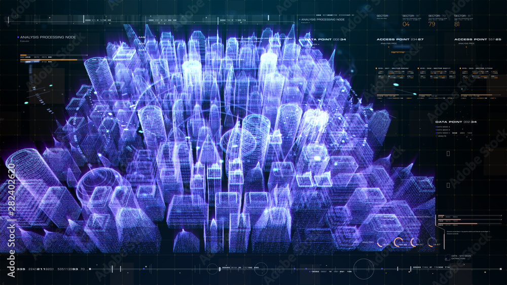 Poster Futuristic holographic city digitally generated image virtual reality matrix particles in cyber space background environment