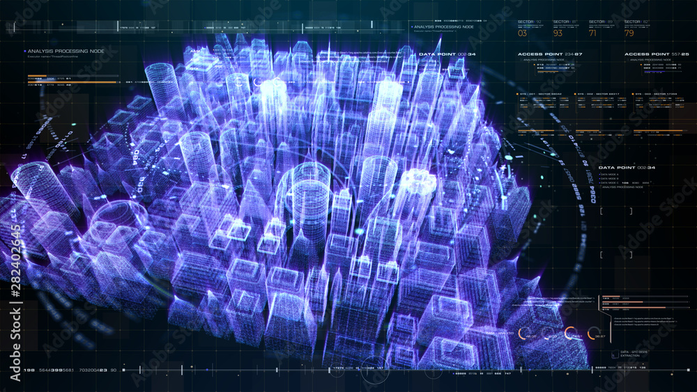 Aufkleber Futuristic holographic city digitally generated image virtual reality matrix particles in cyber space background environment