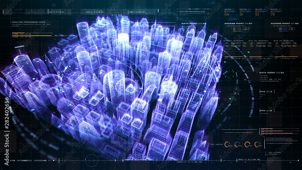 Poster Futuristic holographic city digitally generated image virtual reality matrix particles in cyber space background environment