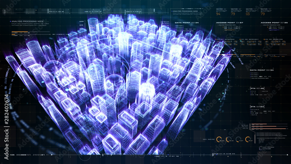 Poster Futuristic holographic city digitally generated image virtual reality matrix particles in cyber space background environment