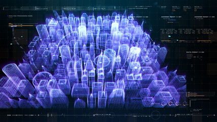 Futuristic holographic city digitally generated image virtual reality matrix particles in cyber space background environment