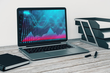 Laptop closeup with forex graph on computer screen. Financial trading and education concept. 3d rendering.