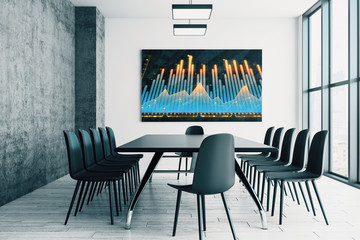 Conference room interior with financial chart on screen monitor on the wall. Stock market analysis concept. 3d rendering.