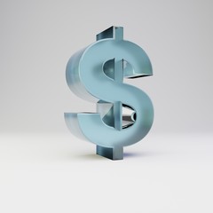 Obraz premium Ice 3d dollar symbol. Transparent ice font with glossy reflections and shadow isolated on white background.