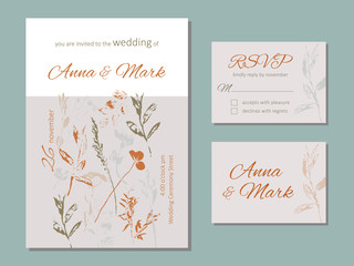 Wedding floral invitation. Rsvp card design set. Invitation card. Elegant leaves pattern. 