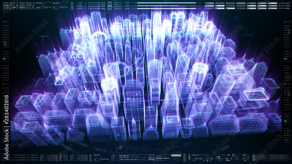 Aufkleber Futuristic holographic city digitally generated image virtual reality matrix particles in cyber space background environment