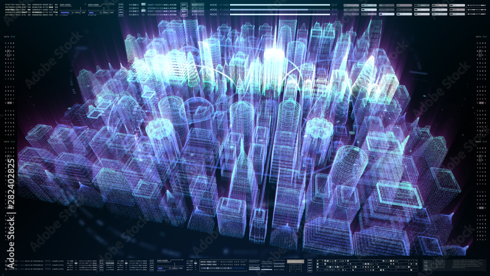 Poster Futuristic holographic city digitally generated image virtual reality matrix particles in cyber space background environment