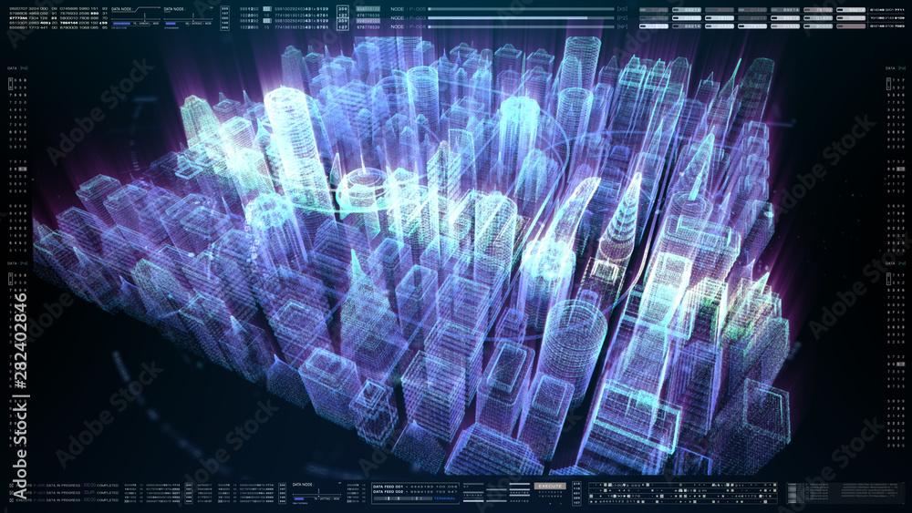 Poster Futuristic holographic city digitally generated image virtual reality matrix particles in cyber space background environment