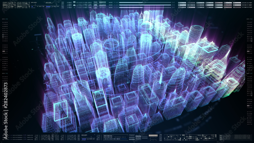 Poster Futuristic holographic city digitally generated image virtual reality matrix particles in cyber space background environment