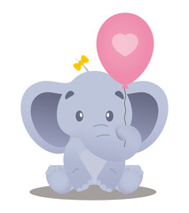 Vector colored line sitting baby elephant holding inflatable balloon with heart. Isolated on white background