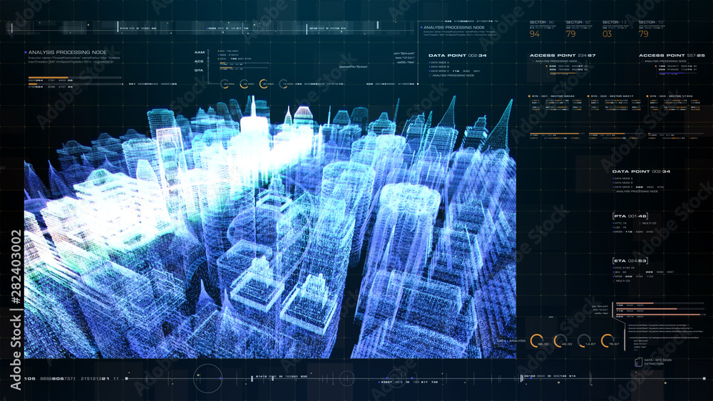 Aufkleber Futuristic holographic city digitally generated image virtual reality matrix particles in cyber space background environment