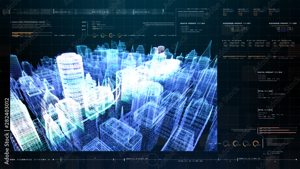 Poster Futuristic holographic city digitally generated image virtual reality matrix particles in cyber space background environment