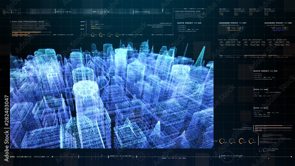 Poster Futuristic holographic city digitally generated image virtual reality matrix particles in cyber space background environment