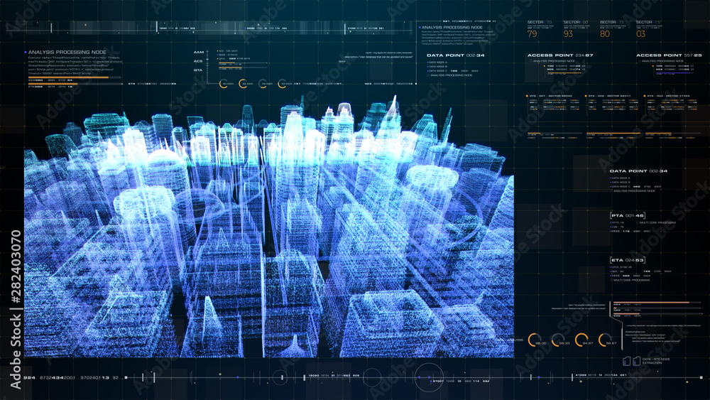 Poster Futuristic holographic city digitally generated image virtual reality matrix particles in cyber space background environment