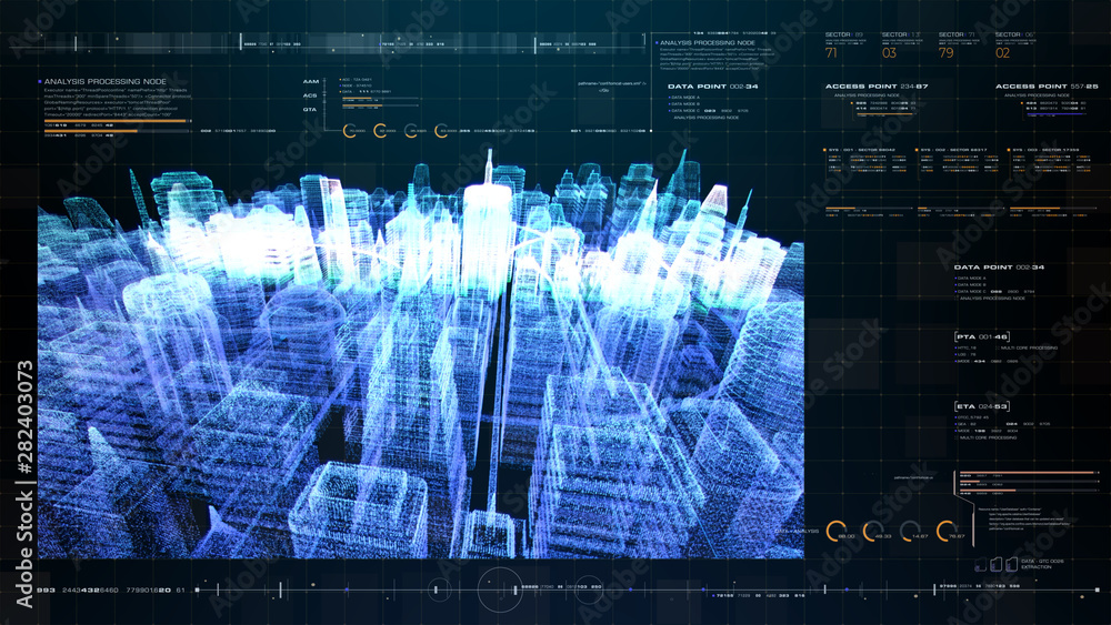 Poster Futuristic holographic city digitally generated image virtual reality matrix particles in cyber space background environment
