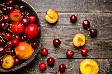 Ripe plums, nectarines and cherries in rustic pan. Selective focus.