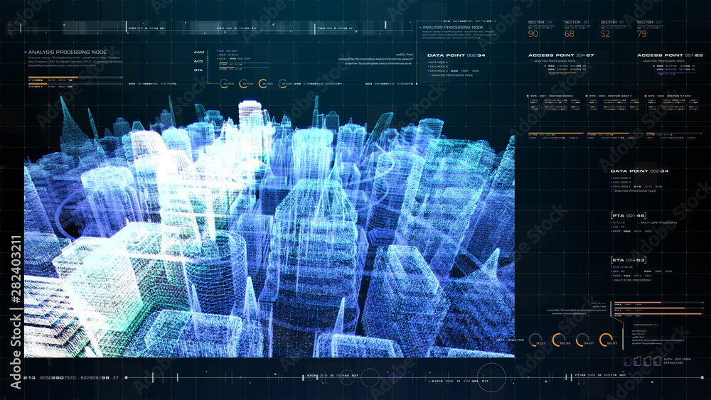 Aufkleber Futuristic holographic city digitally generated image virtual reality matrix particles in cyber space background environment
