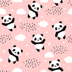 Naklejka premium Panda Seamless Pattern Background, Happy cute panda flying in the sky between clouds and star, Cartoon Panda Bears Vector illustration for kids forest background with rain dots
