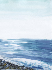 Abstract watercolor landscape. Sea view in calm weather extending to horizon. Blue and white water glare reflects light gradient sky. Pebble line in foreground. Hand drawn brush stroke illustration.