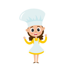 Chef girl in uniform cooking isolated on white