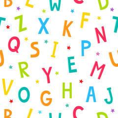 Fototapeta premium Alphabet cartoon seamless pattern with stars isolated on white.