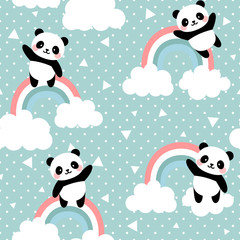 Panda Seamless Pattern Background, Happy cute panda flying in the sky between clouds and star, Cartoon Panda Bears Vector illustration for kids forest background with rain dots