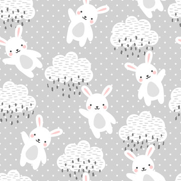 Rabbit Seamless Pattern Background, Happy cute bunny flying in the sky between clouds and star, Cartoon Rabbit Vector illustration for kids forest background with rain dots