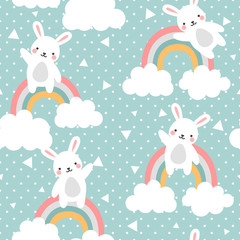 Lapin sans soudure de fond, joyeux lapin mignon volant dans le ciel entre les nuages et les étoiles, illustration vectorielle de lapin de dessin animé pour fond de forêt pour enfants avec des points de pluie