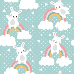 Cercles muraux Lapin Lapin sans soudure de fond, joyeux lapin mignon volant dans le ciel entre les nuages et les étoiles, illustration vectorielle de lapin de dessin animé pour fond de forêt pour enfants avec des points de pluie